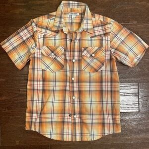 Boys plaid yellow/orange sz small snap button shirt